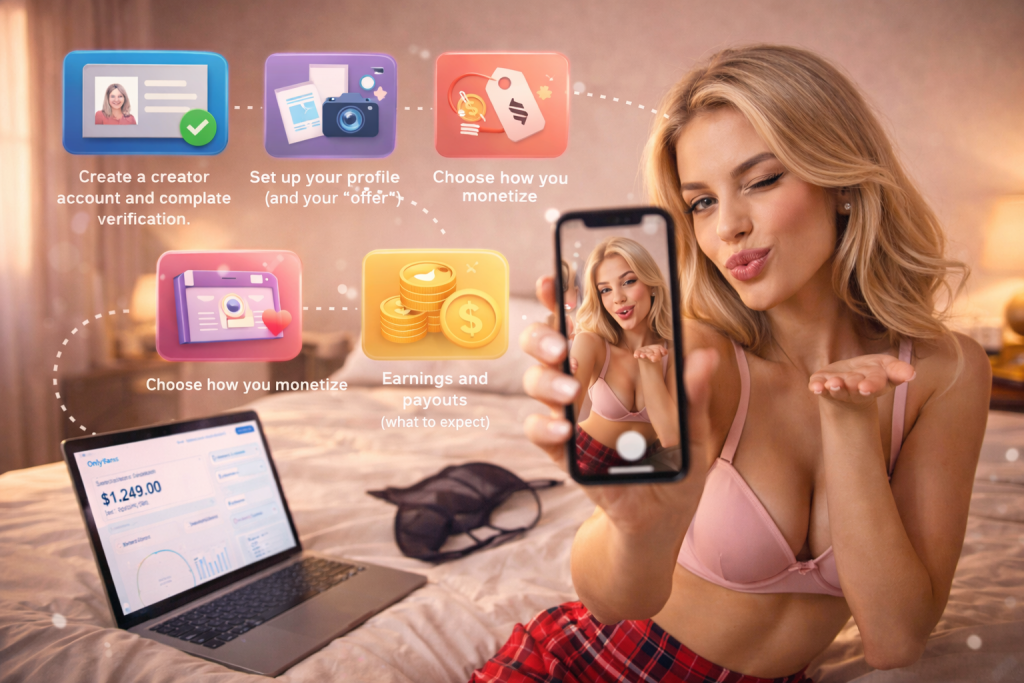 Playful female content creator taking a selfie on a bed with a laptop showing earnings, surrounded by icons representing account setup, monetization, content posting, and payouts.