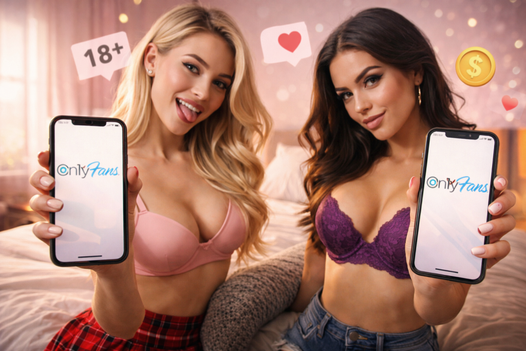 Two attractive women in playful outfits holding smartphones displaying the OnlyFans app interface in a softly lit bedroom setting.