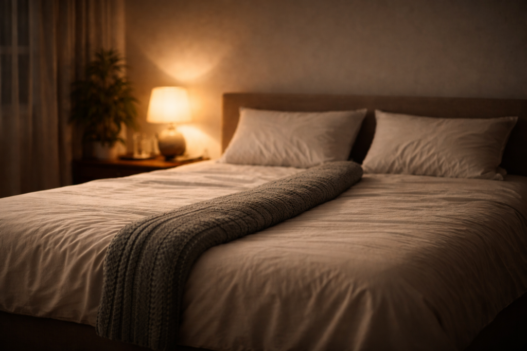 Made bed with two pillows and a folded blanket dividing the center in warm lamplight