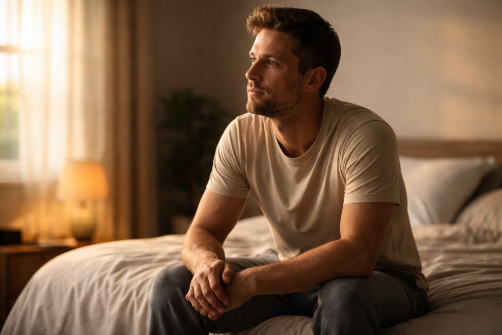 Man sitting alone on a couch, relaxed and contemplative in warm evening light.