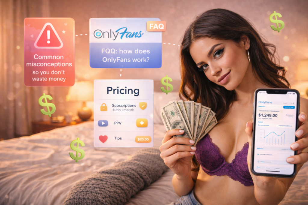 Playful female creator holding cash and a smartphone displaying earnings, with visual elements representing subscriptions, PPV content, tips, and pricing information.